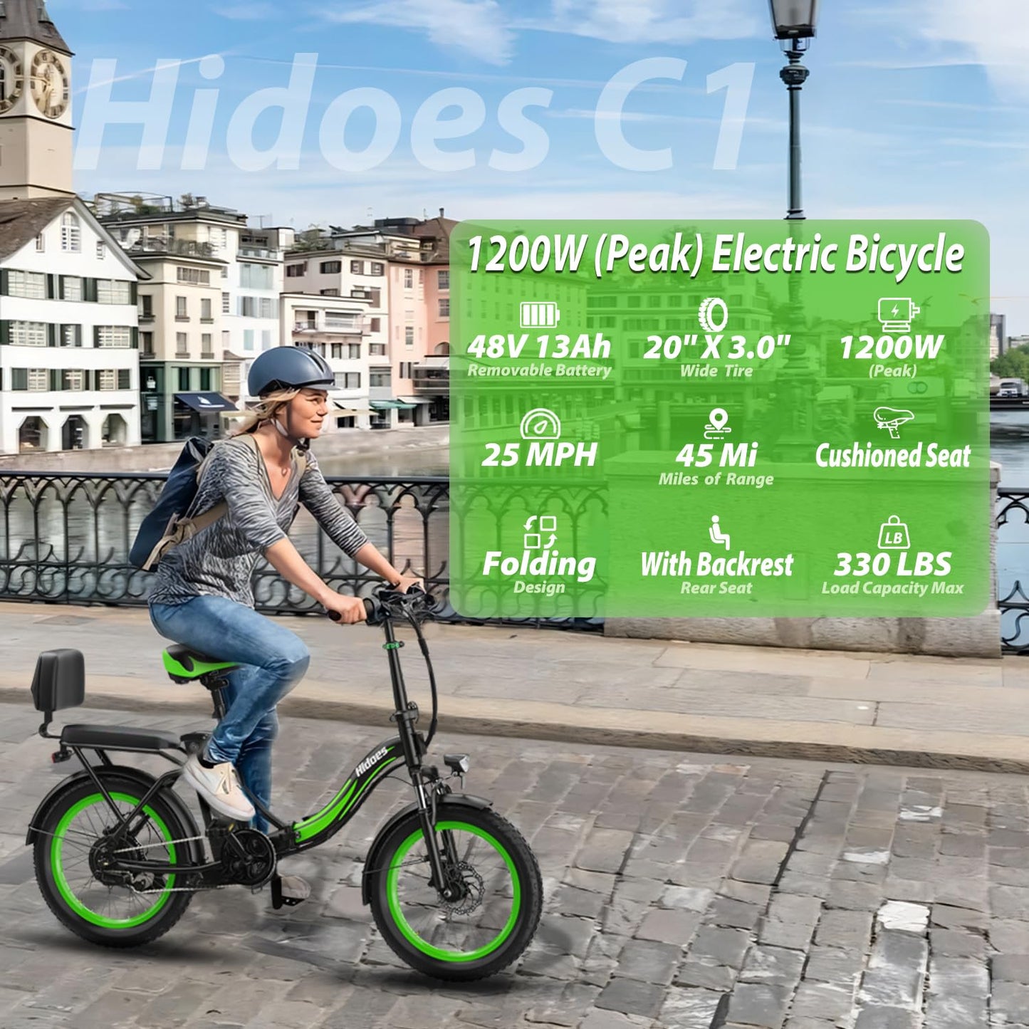 Hidoes® C1 750W Folding E-Bike with 48V 13Ah Battery, Long Range 35 KM, Fast Speed 40 KM/H, Max Load 150 KG, Rear Rack and Passager Seat