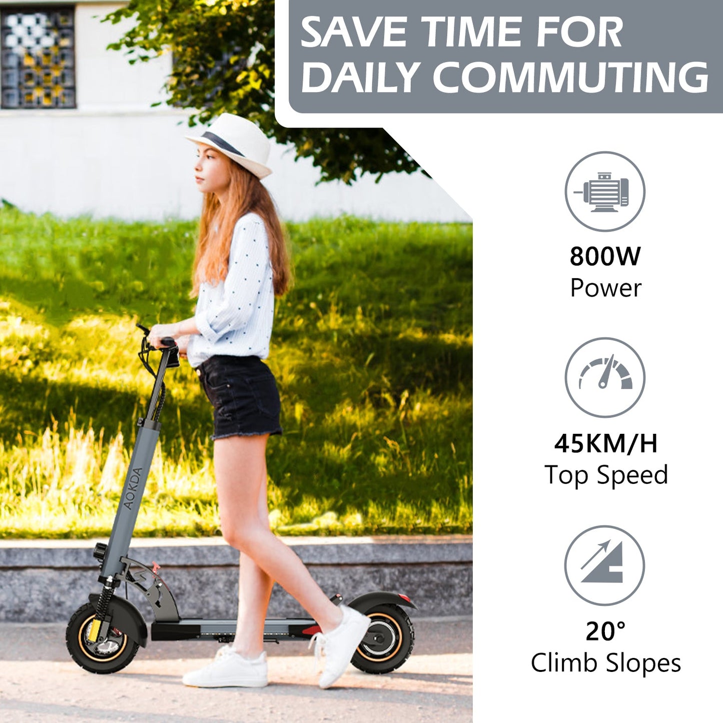 AOKDA A1 800W Commuting Electric Scooter for Adults, 48V 10Ah battery, Max Speed 45 KM/H, Long Range 25 KM Per Charge, Max Load 120 KG