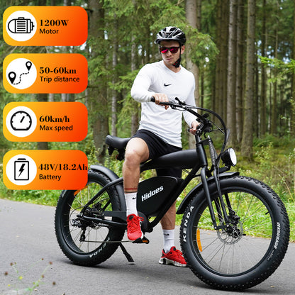 Bicicleta elétrica retrô Hidoes® B3, bicicleta elétrica com pneu gordo de 1200 W, pneus de 26 "* 4", bateria de 48 V 18,2 Ah