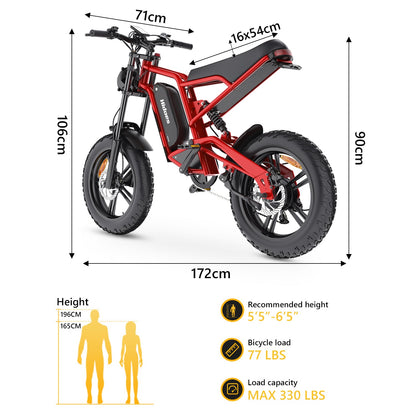 Hidoes® B6 Fat Tire Electric Bike, 1200W Electric Fat Bike, 48V 15Ah Battery, Electric Bike with Banana Seat - Red Color